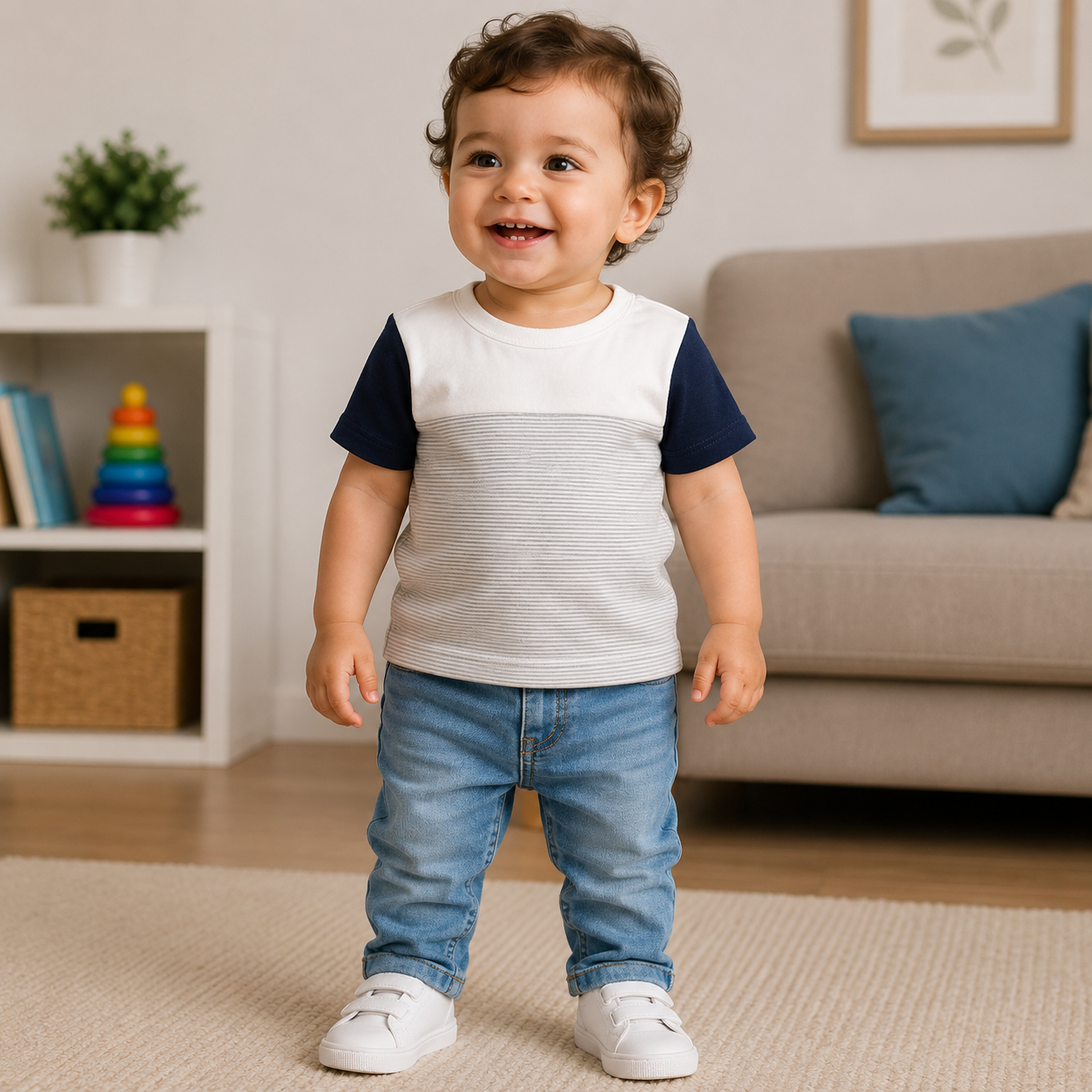 Gray Boys T-shirt Navy Sleeves